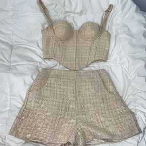 2 piece meshki corset top with matching shorts.